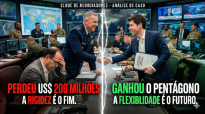 Uma imagem dividida ao meio por uma linha de energia. No lado esquerdo, em tons de vermelho e cinza, o CEO da Anthropic aparece desolado em uma sala de guerra, com as mãos na cabeça. Texto em destaque: 'PERDEU US$ 200 MILHÕES'. No lado direito, em tons de verde e branco, Sam Altman (OpenAI) sorri e aperta a mão de um general do Pentágono, segurando um contrato assinado. Texto em destaque: 'GANHOU O PENTÁGONO