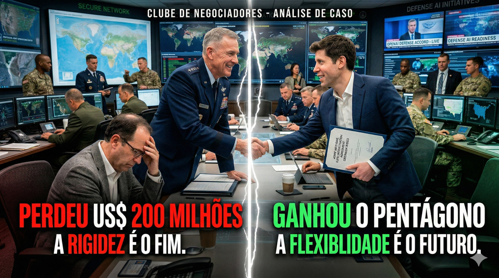 Uma imagem dividida ao meio por uma linha de energia. No lado esquerdo, em tons de vermelho e cinza, o CEO da Anthropic aparece desolado em uma sala de guerra, com as mãos na cabeça. Texto em destaque: 'PERDEU US$ 200 MILHÕES'. No lado direito, em tons de verde e branco, Sam Altman (OpenAI) sorri e aperta a mão de um general do Pentágono, segurando um contrato assinado. Texto em destaque: 'GANHOU O PENTÁGONO