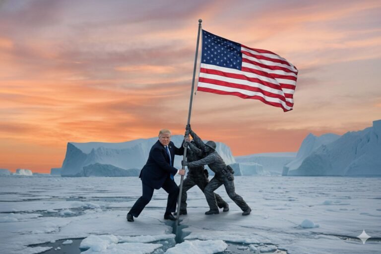 "Uma montagem satírica que mistura o histórico 'levantar da bandeira' com a ambição territorial de Trump em cenários improváveis como a Groenlândia. Ousadia ou apenas um golpe de mestre retórico?"